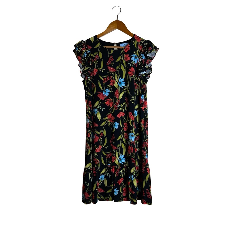 CeCe Black Floral Flutter Sleeve Ruffle Midi Dress Women's Size S